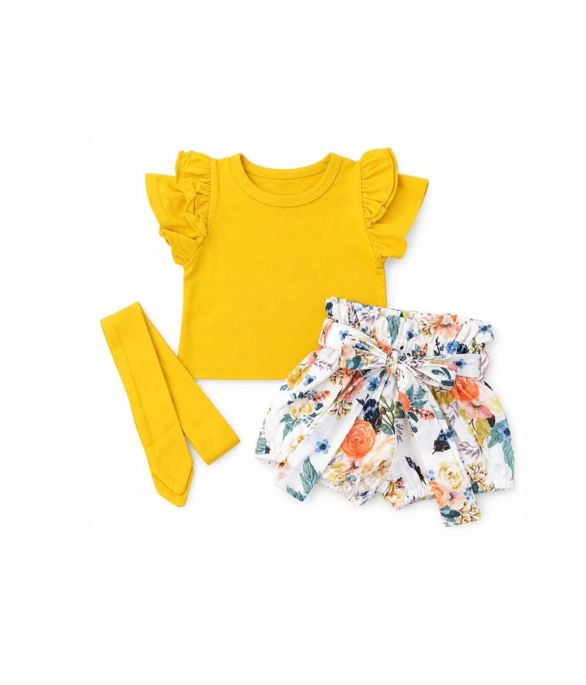 Baby Girl Solid Short-Sleeve Top & Shorts Set with Headband